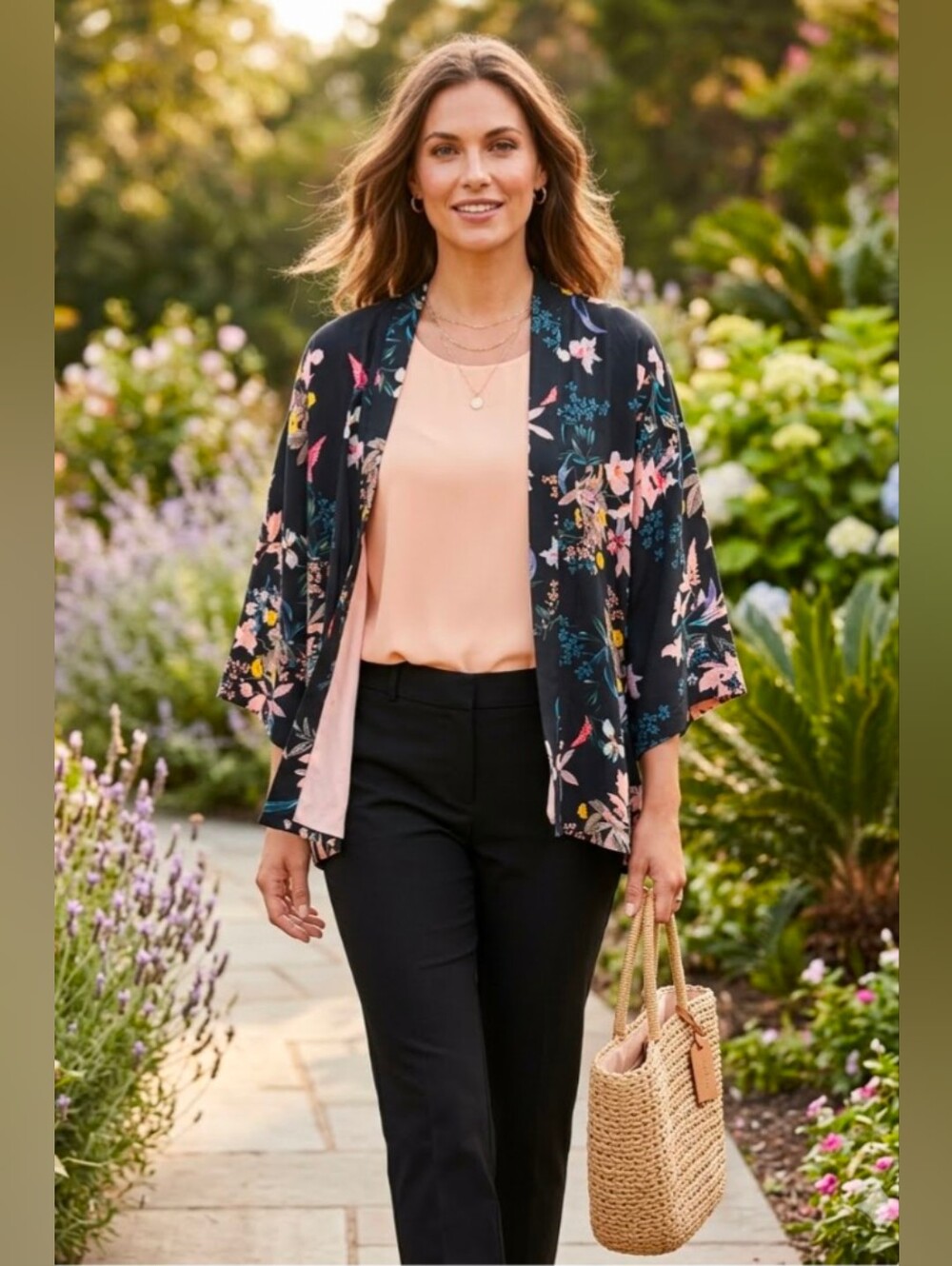 Adrienne Vittadini Black Floral Short Kimono Light Pink Lining Size S